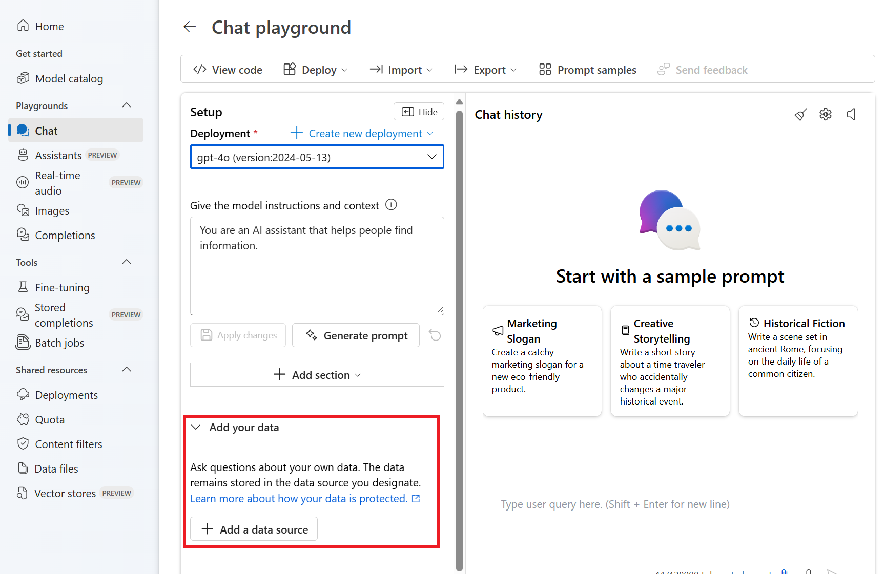 Azure AI Foundry 中的聊天操场的屏幕截图。