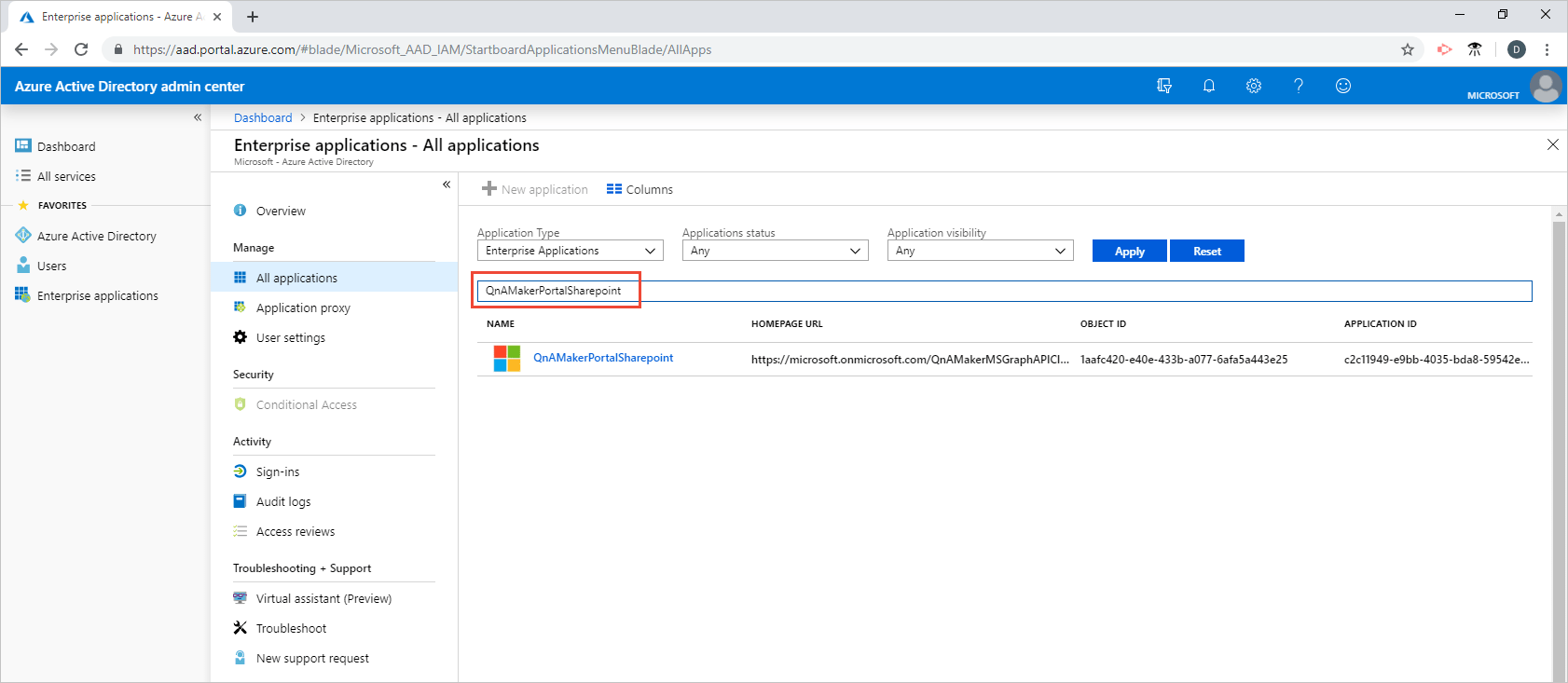 在企业应用列表中搜索 QnAMakerPortalSharePoint