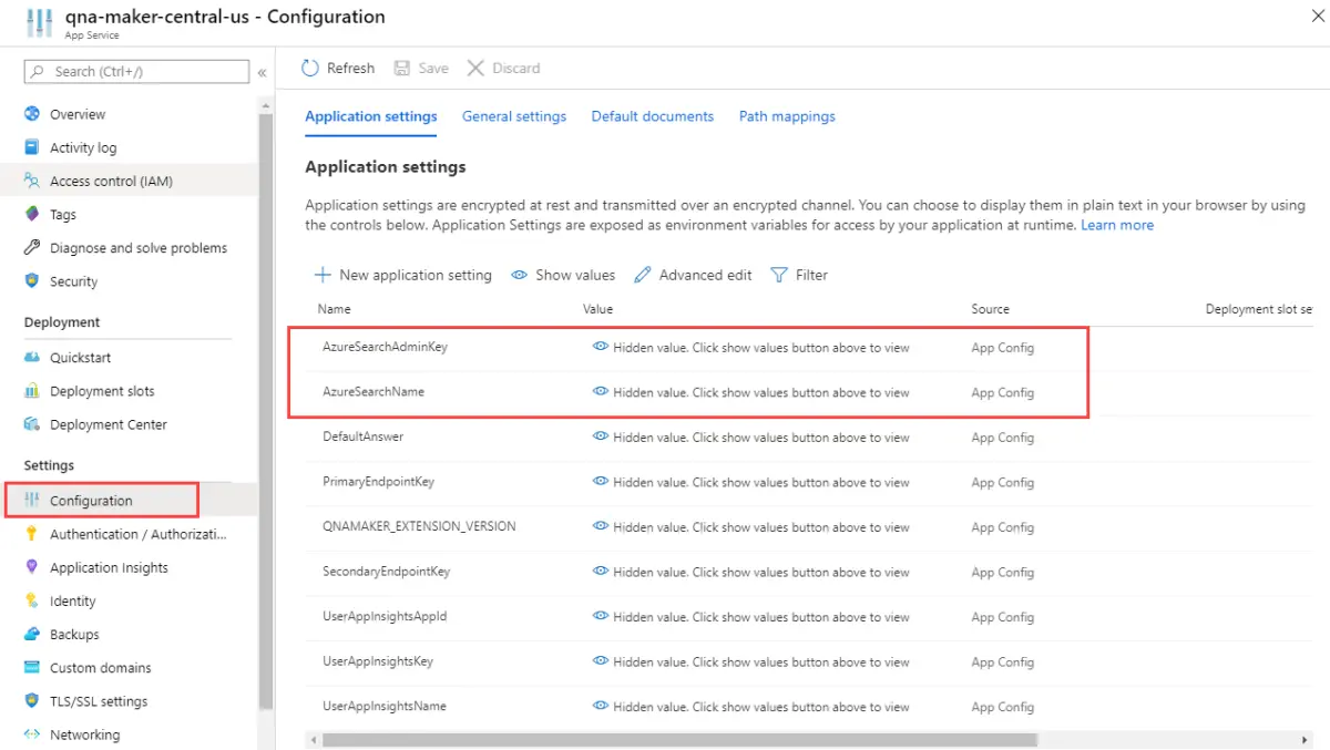 Azure 门户的屏幕截图,显示应用服务配置设置