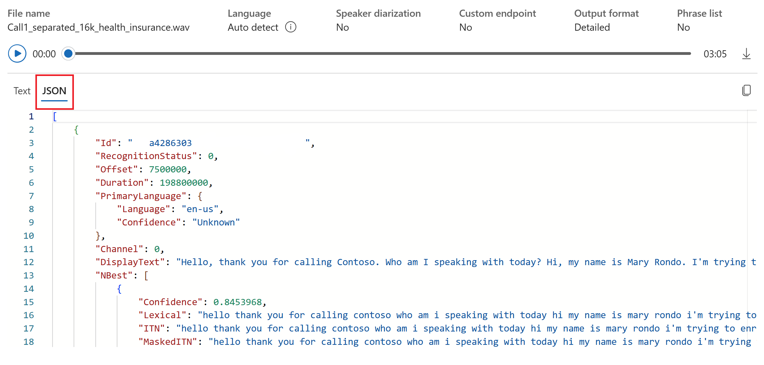 Azure AI Foundry 中 JSON 格式实时听录结果的屏幕截图。