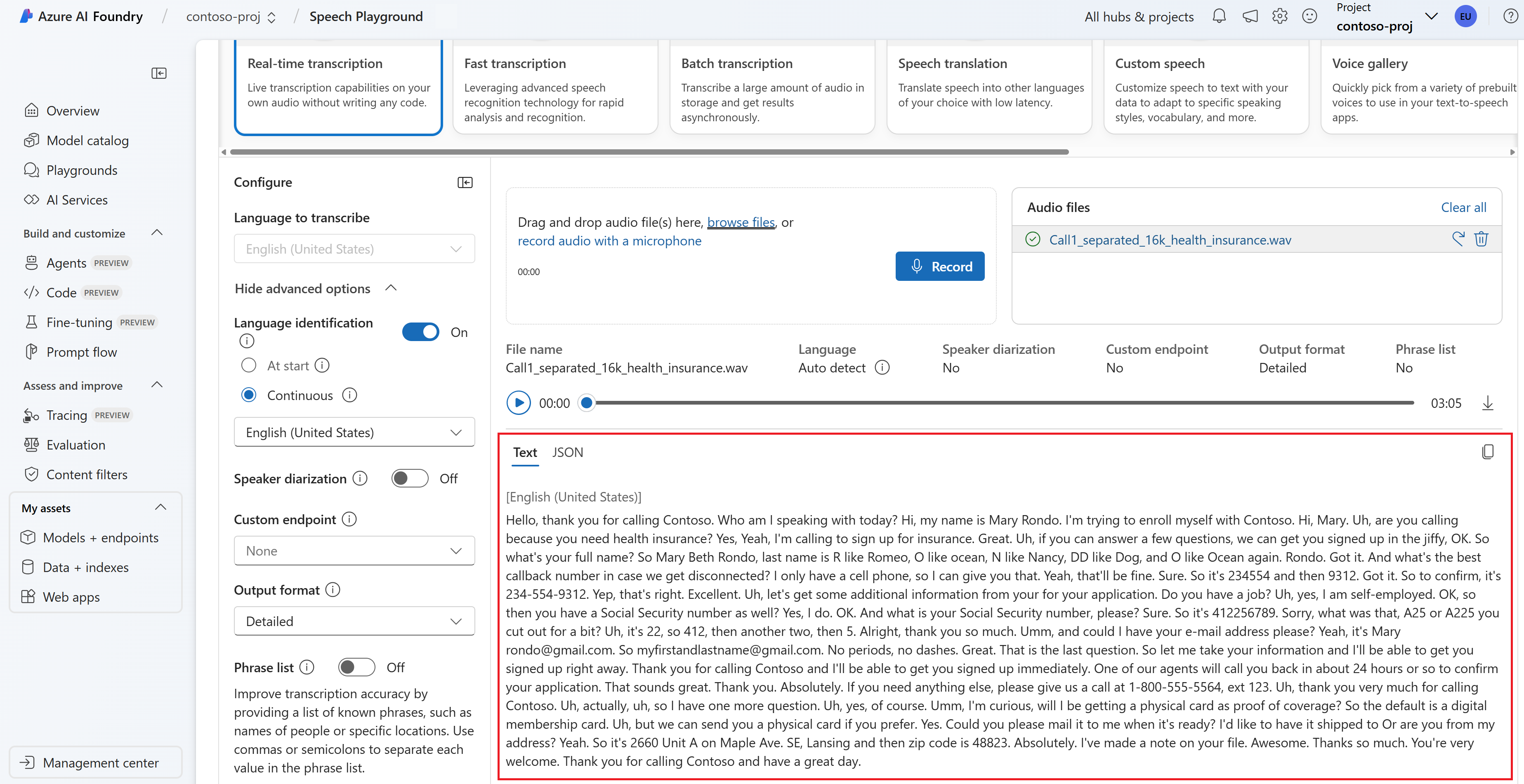 Azure AI Foundry 中实时听录结果的屏幕截图。