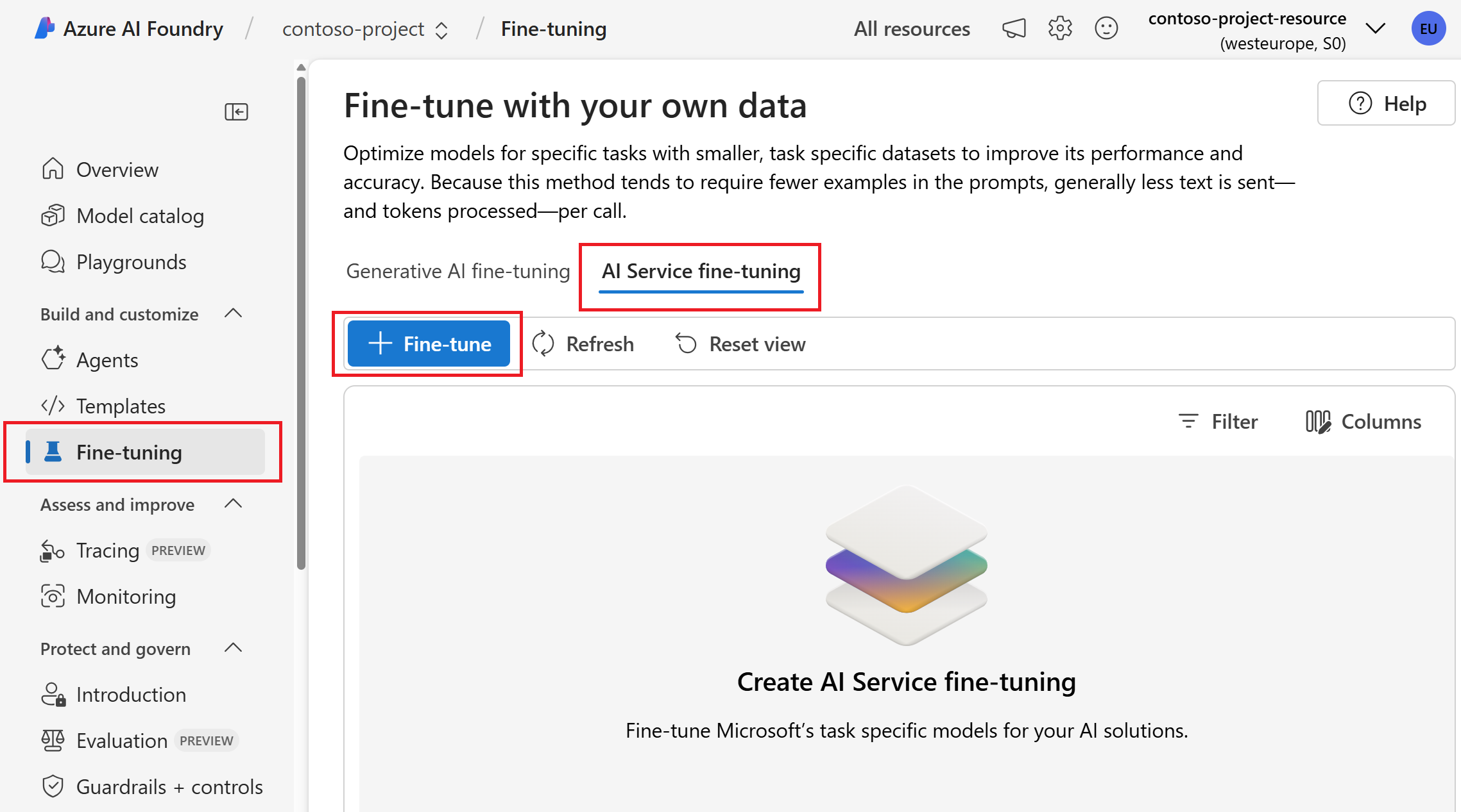 选择微调 Azure AI 服务模型的页面的屏幕截图。