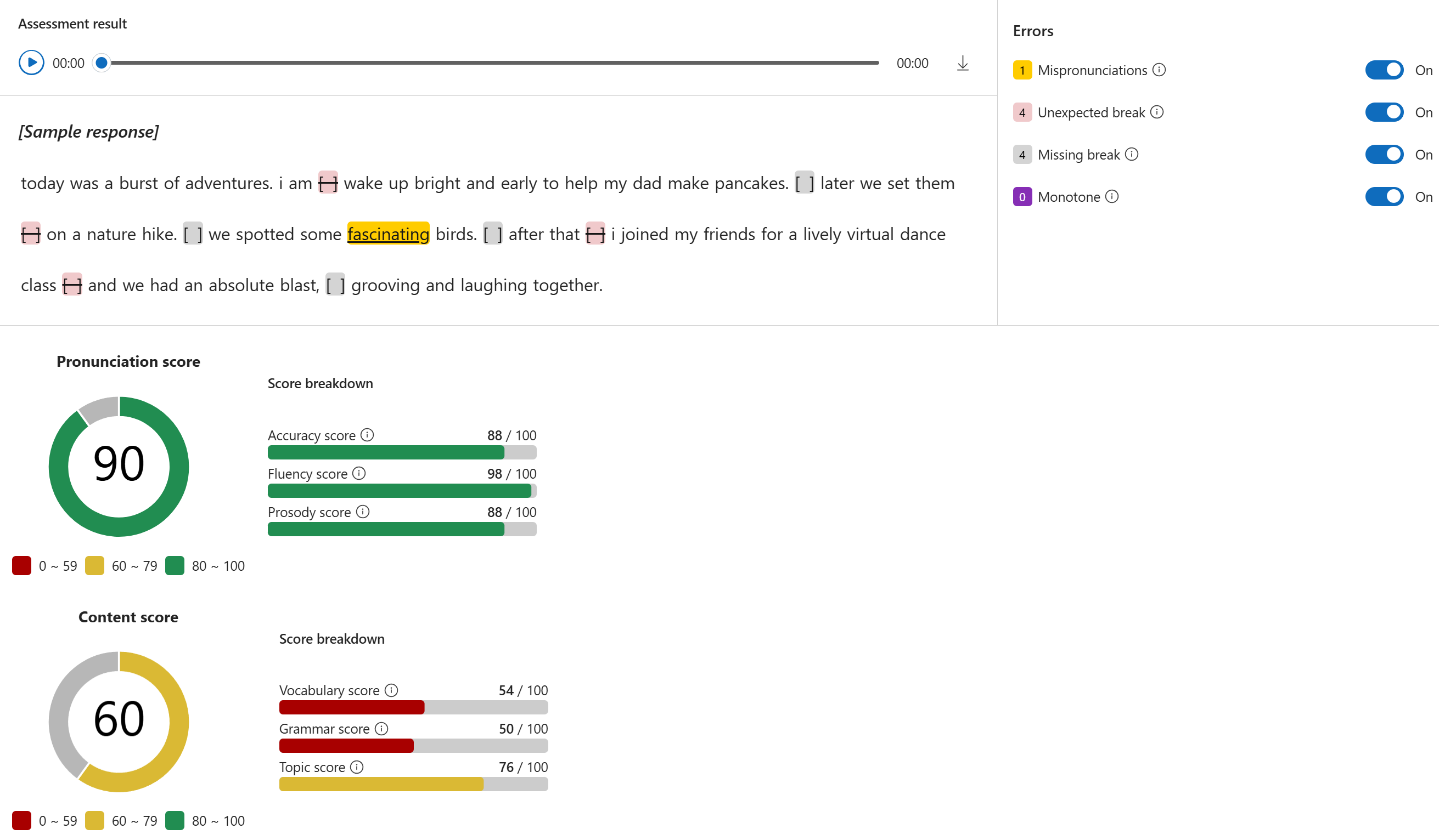 屏幕截图显示了 Azure AI Foundry 中的总体发音分数和总体内容分数。