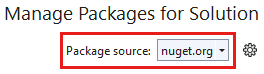 显示“管理解决方案的 NuGet 包”对话框的屏幕截图,其中突出显示了“浏览”选项卡、搜索框和包源。