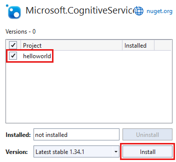 显示选中 Microsoft.CognitiveServices.Speech 包的屏幕截图,其中突出显示了项目和“安装”按钮。