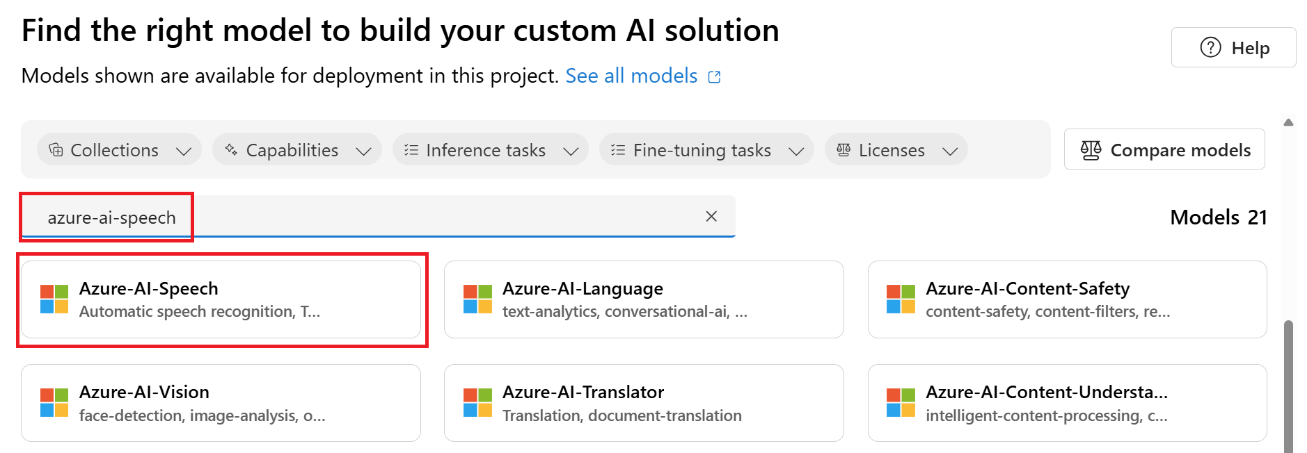 Azure AI Foundry 门户中模型目录的屏幕截图。