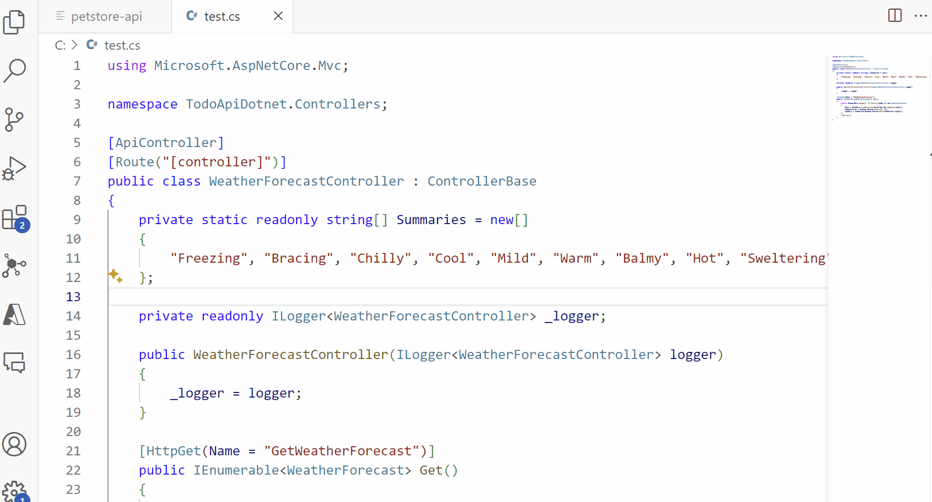 演示如何使用 GitHub Copilot 从代码生成 OpenAPI 规范的动画。