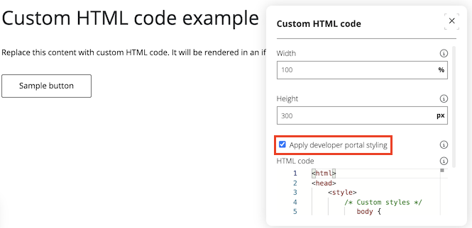 该屏幕截图显示如何在开发人员门户中配置 HTML 自定义代码。