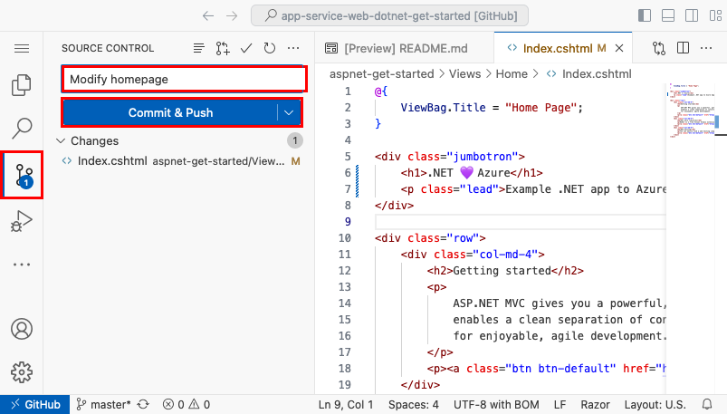 浏览器中 Visual Studio Code 的屏幕截图,源代码管理面板带有“我们喜欢 Azure”的提交消息,突出显示了“提交和推送”按钮。