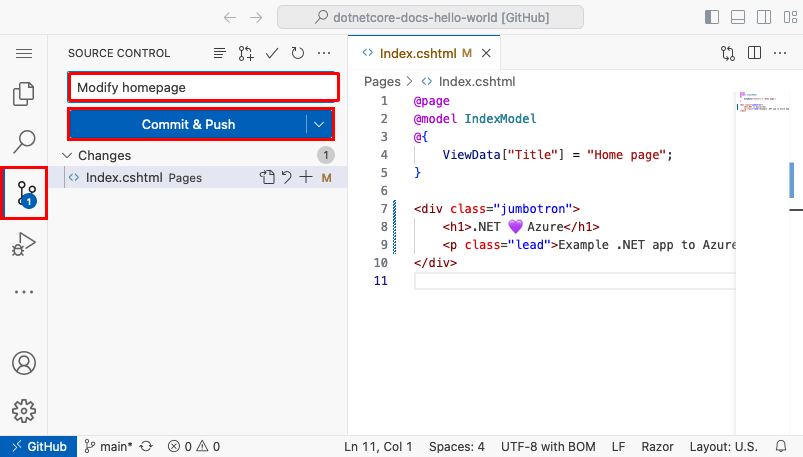 浏览器中 Visual Studio Code 的屏幕截图,源代码管理面板带有“我们喜欢 Azure”的提交消息,突出显示了“提交和推送”按钮。