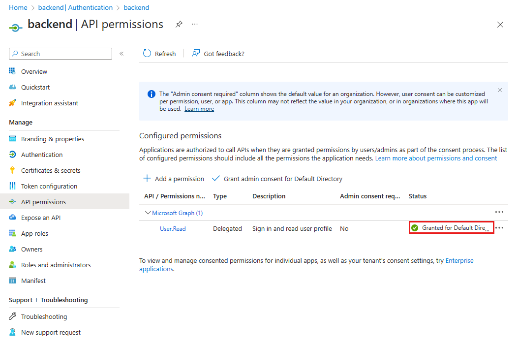 Azure 门户身份验证应用的屏幕截图,其中“状态”列显示管理员同意已授予。