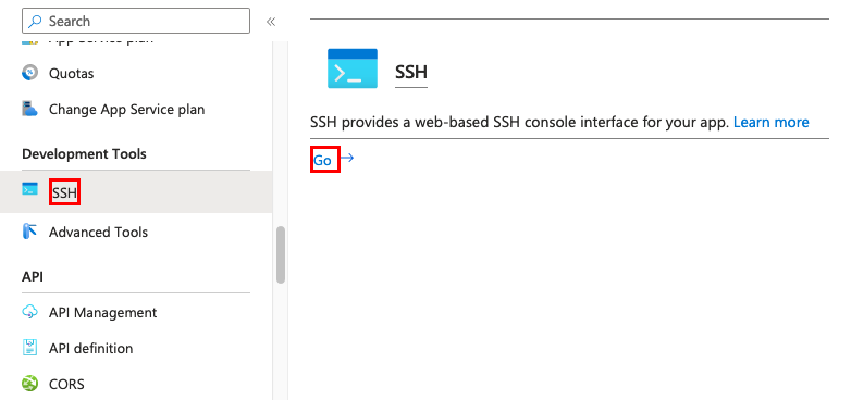 显示如何从 Azure 门户(Django)打开应用的 SSH shell 的屏幕截图。