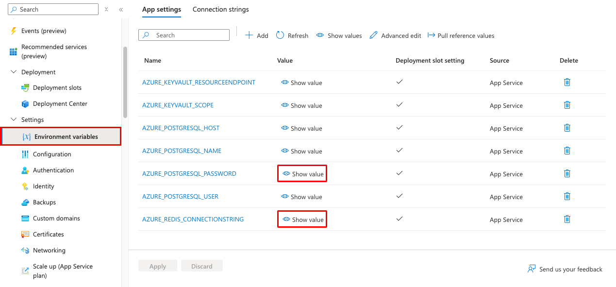 显示如何在 Azure 中查看 PostgreSQL 密码值的屏幕截图。