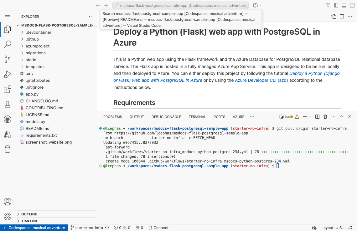 显示 GitHub codespace 内的 git 拉取的屏幕截图。