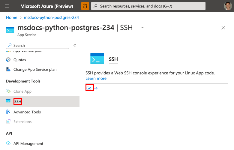 显示如何从 Azure 门户打开应用的 SSH shell 的屏幕截图。