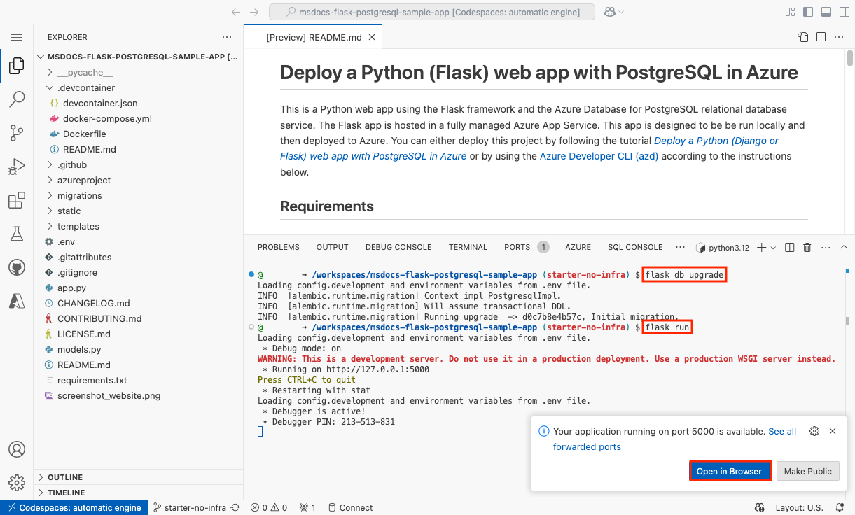 显示如何在 GitHub codespace 中运行示例应用程序的屏幕截图。