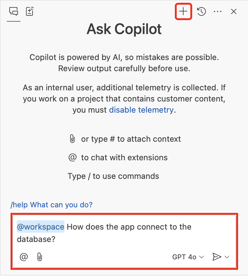 屏幕截图显示如何在新的 GitHub Copilot 聊天会话中提问。