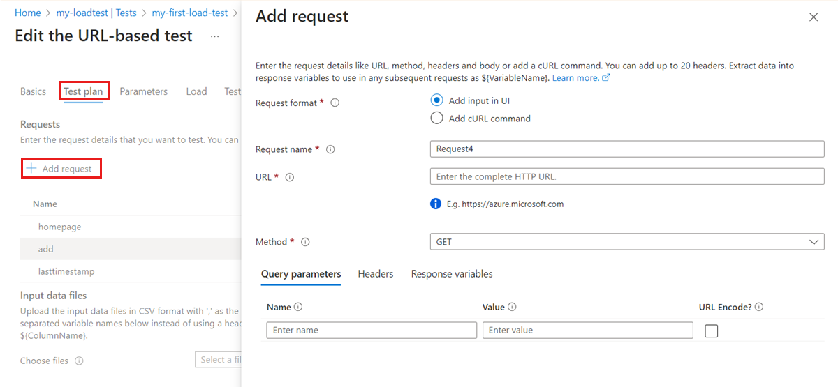 显示如何将请求添加到 Azure 门户中的基于 URL 的负载测试的屏幕截图。