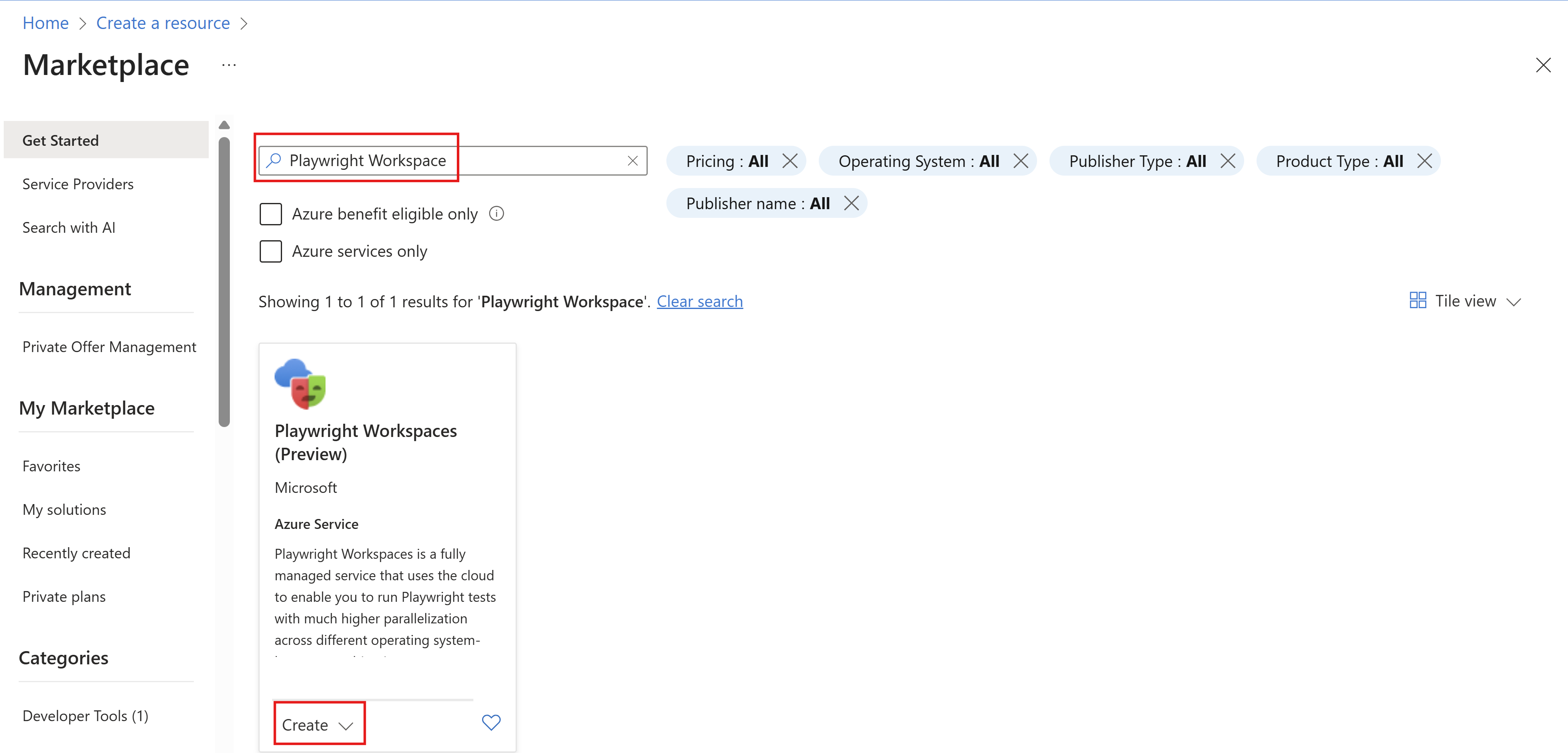 显示包含 Playwright Workspaces 搜索结果的 Azure 市场搜索页的屏幕截图。