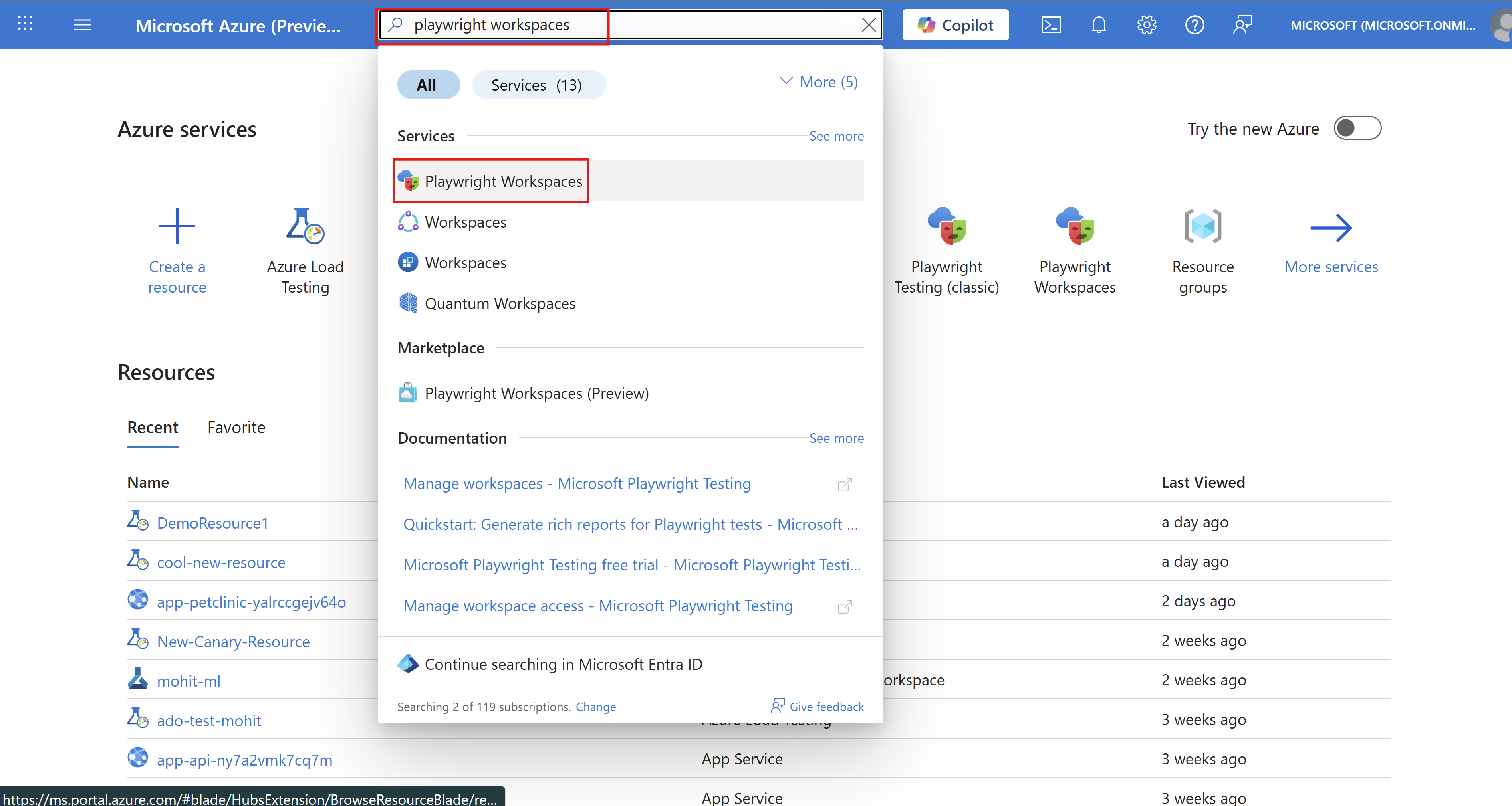显示 Azure 门户中搜索框的屏幕截图,用于搜索 Playwright Workspaces 资源。