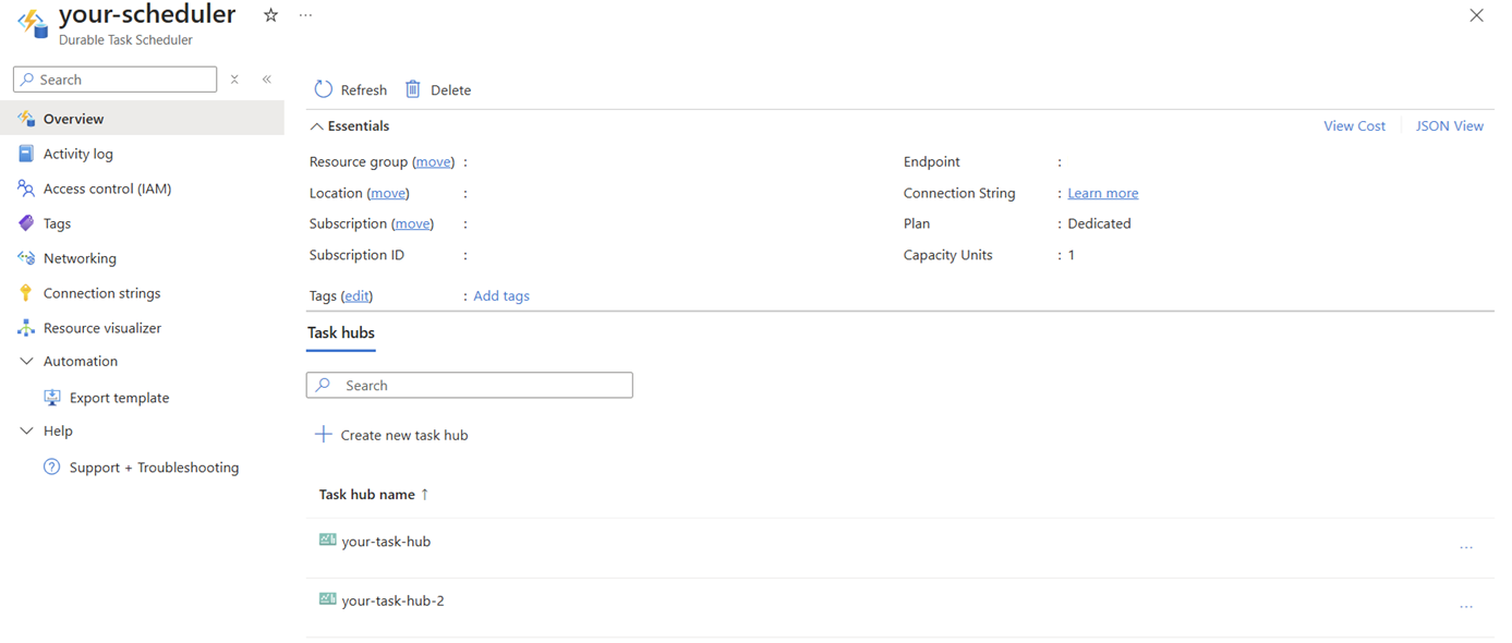 门户中持久任务计划程序概述选项卡的屏幕截图。
