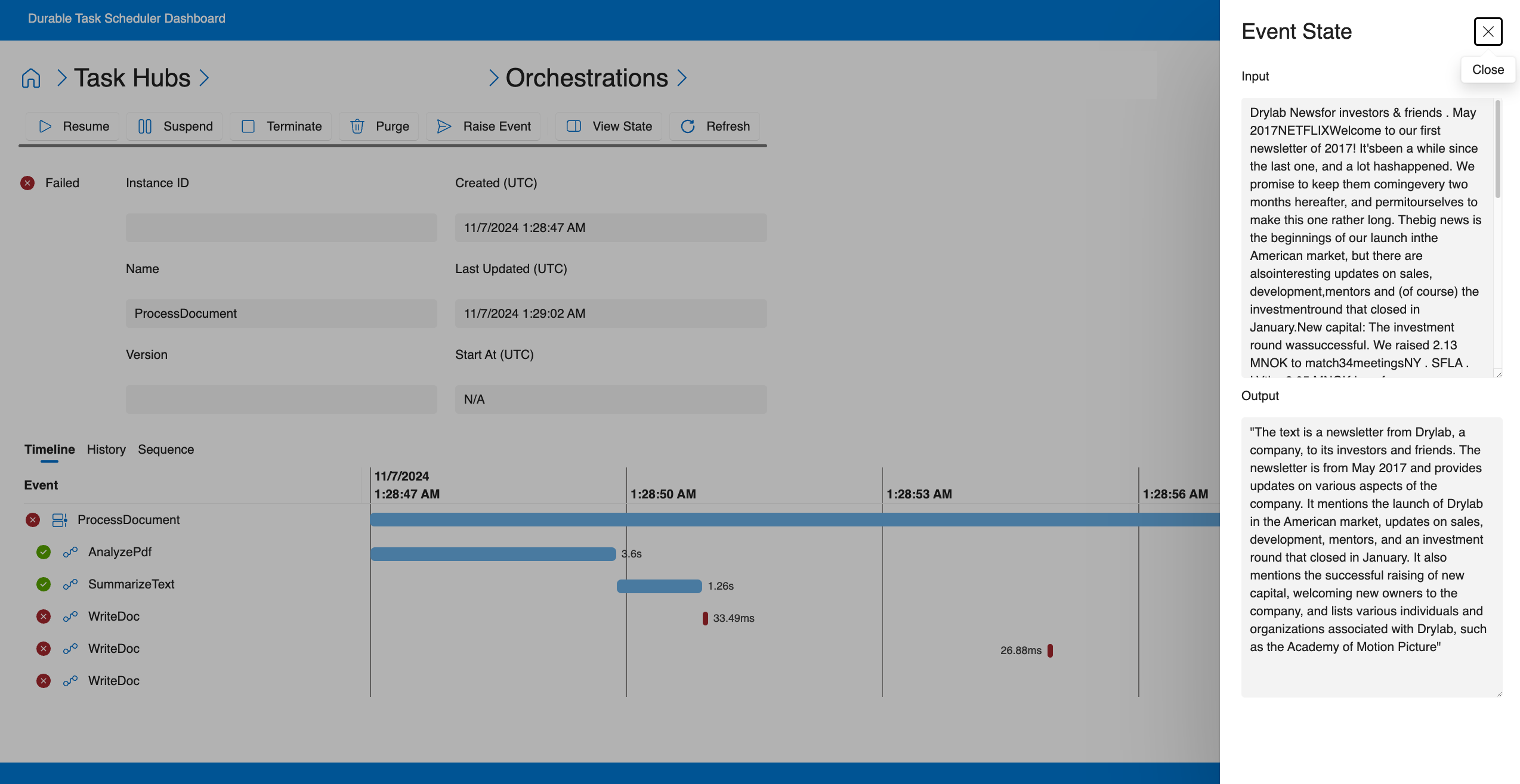 显示活动输入和输出的仪表板的屏幕截图。