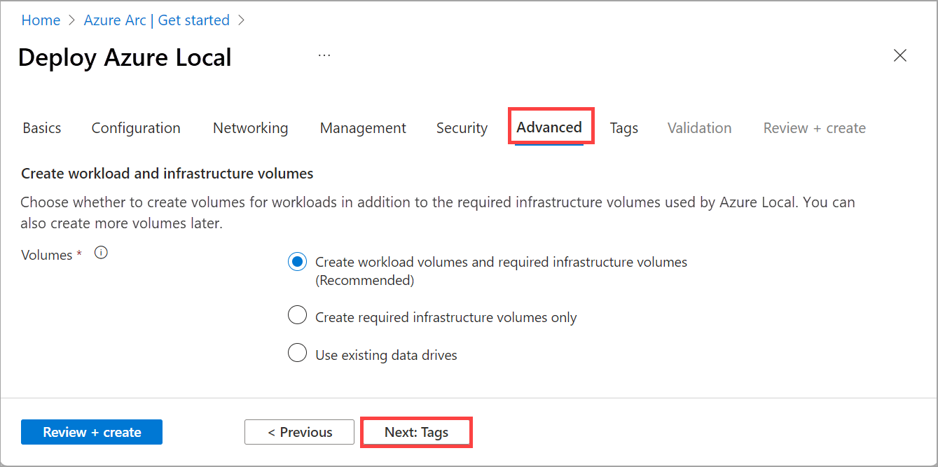 通过 Azure 门户进行部署时的“高级”选项卡的屏幕截图。