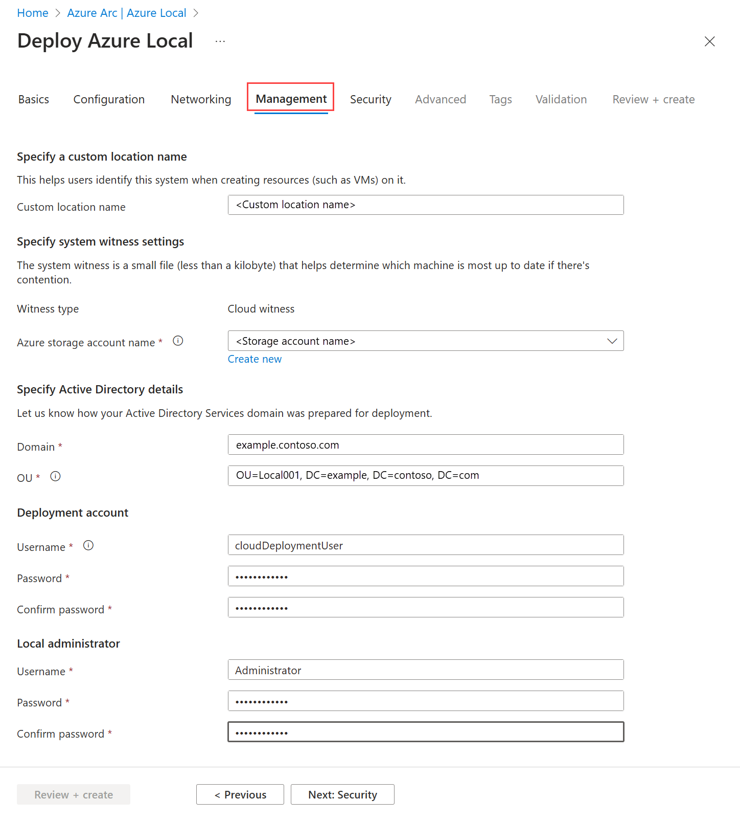 通过 Azure 门户进行部署时的“管理”选项卡的屏幕截图。