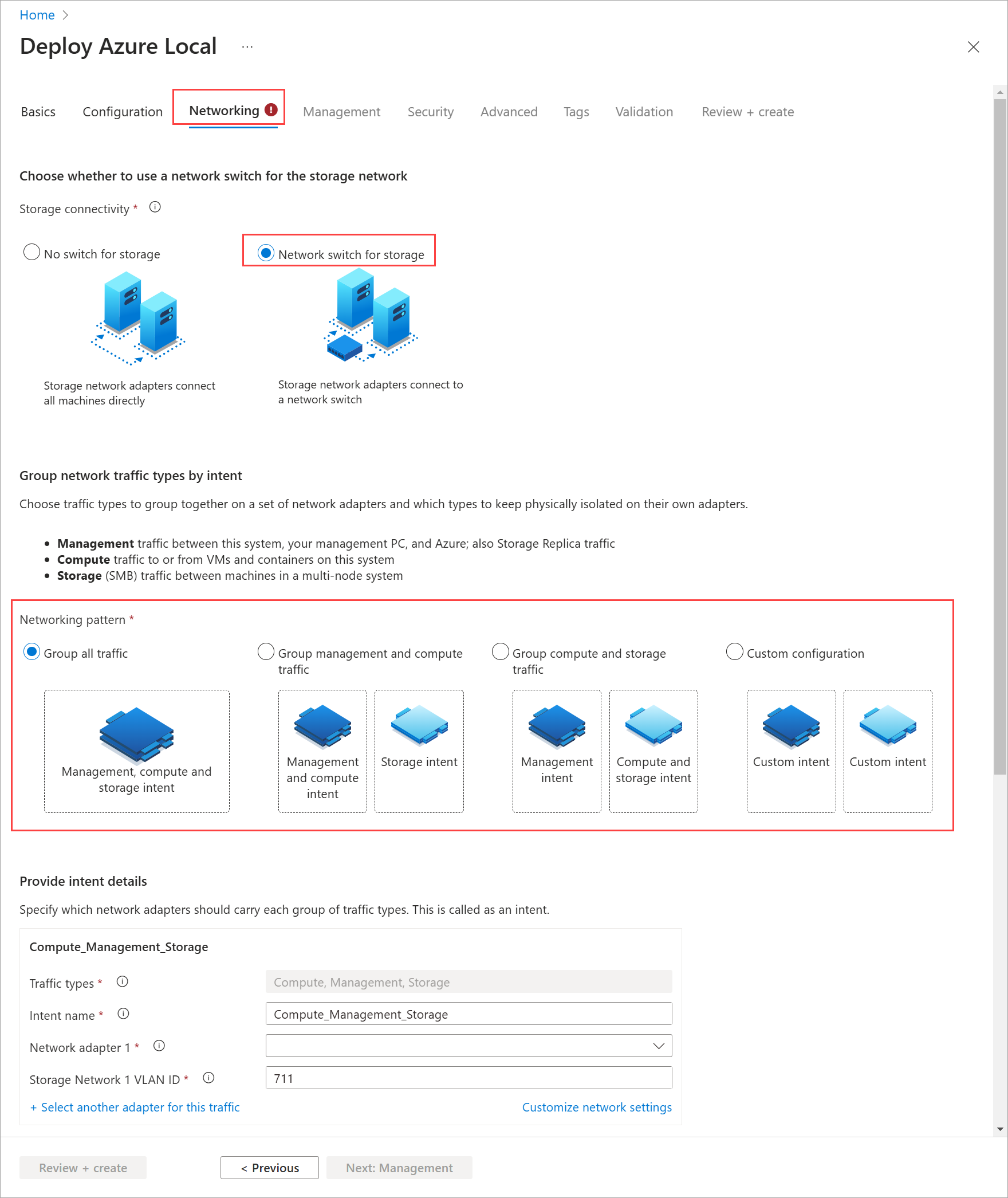 可通过 Azure 门户在部署中的“配置”选项卡上选择“网络交换机”选项的网络模式的屏幕截图。