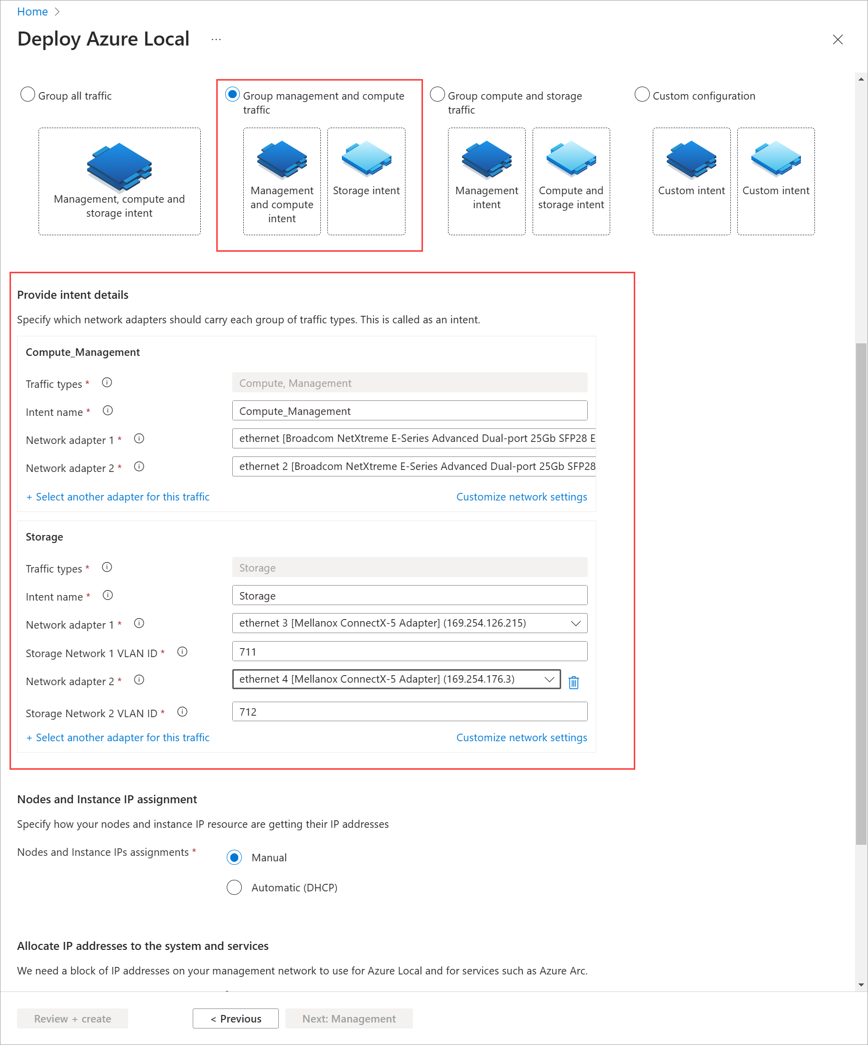 “网络”选项卡的屏幕截图,其中包含通过 Azure 门户部署的网络意图。