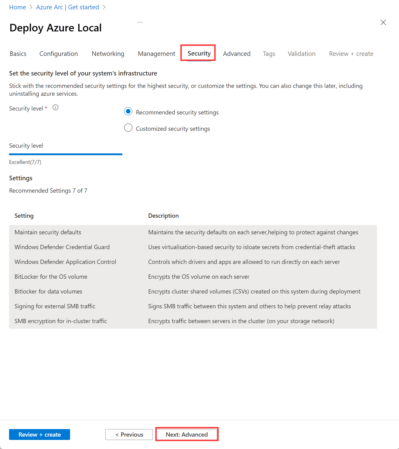 通过 Azure 门户进行部署时的“安全”选项卡的屏幕截图。