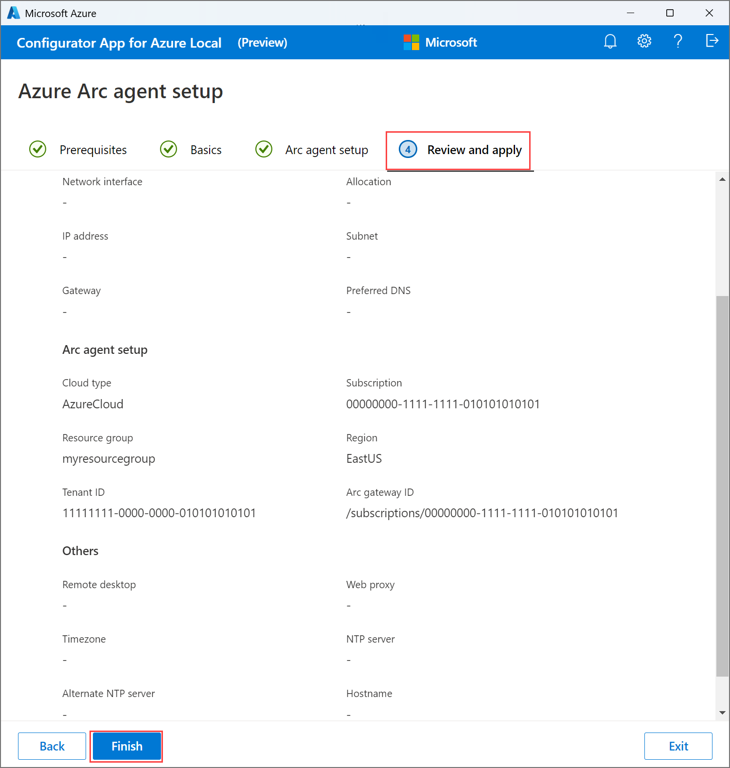 Azure Local 的 Configurator 应用中的“查看和应用”选项卡的屏幕截图。