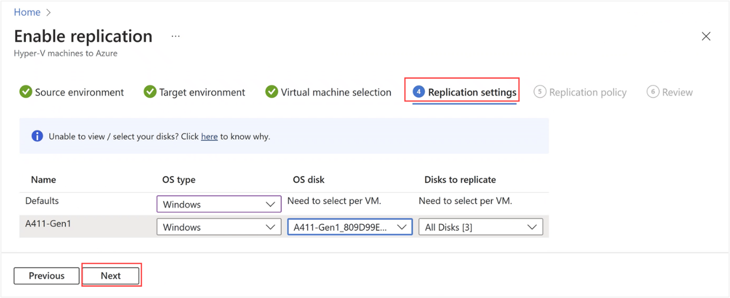 Azure 本地资源的Azure 门户“复制设置”选项卡的屏幕截图。
