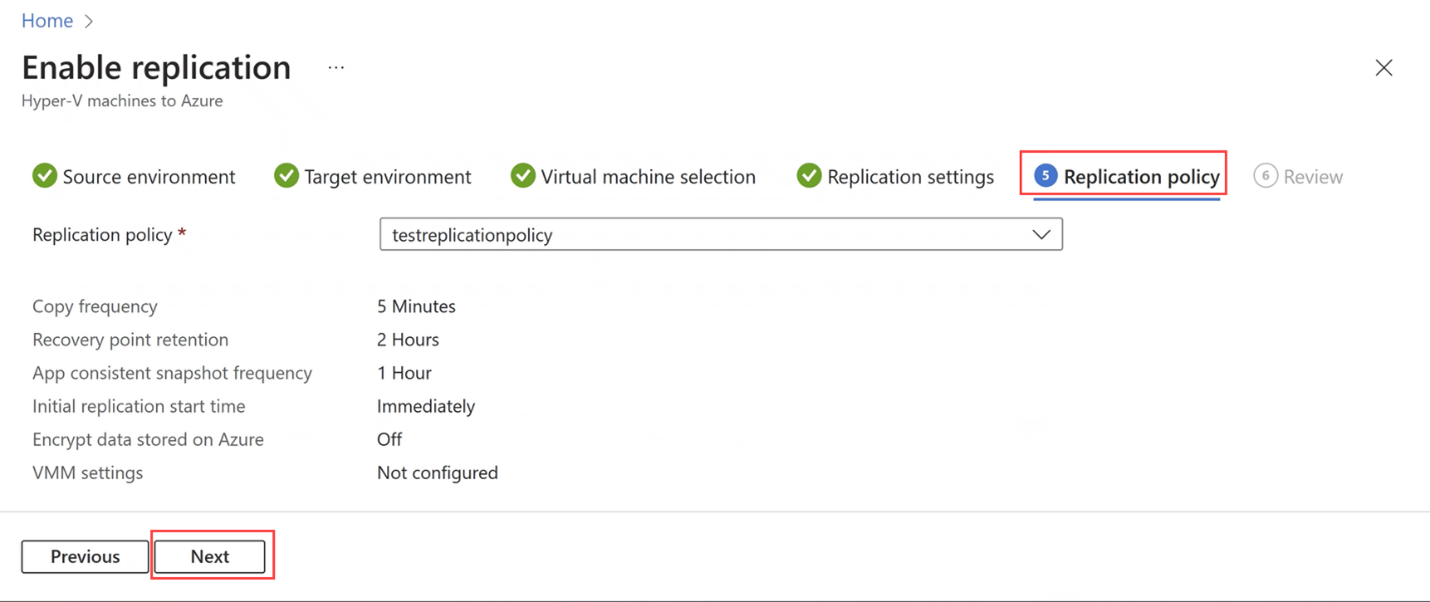 Azure 本地资源的Azure 门户“复制策略”选项卡的屏幕截图。