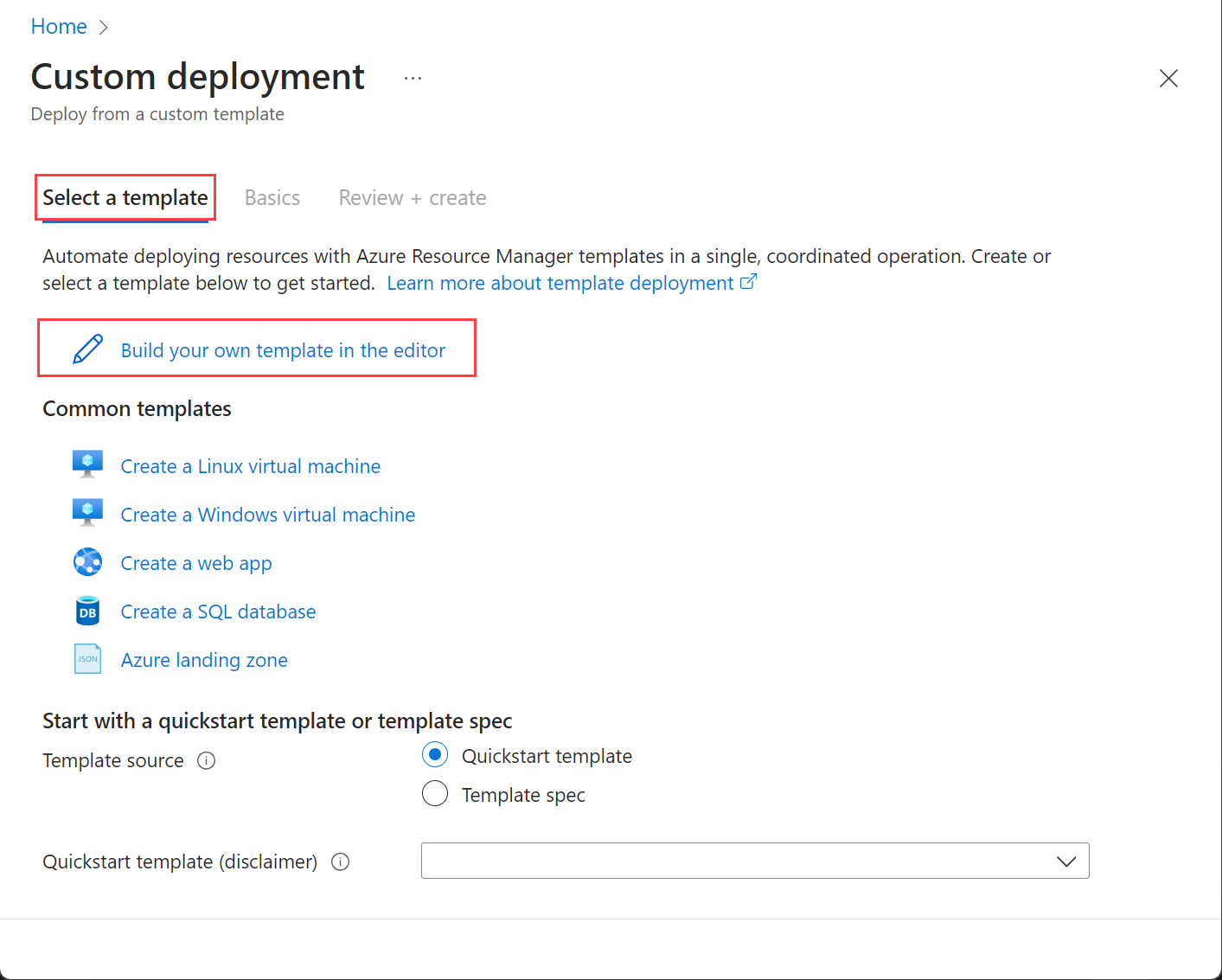Azure 门户中“生成自己的模板”选项的屏幕截图。