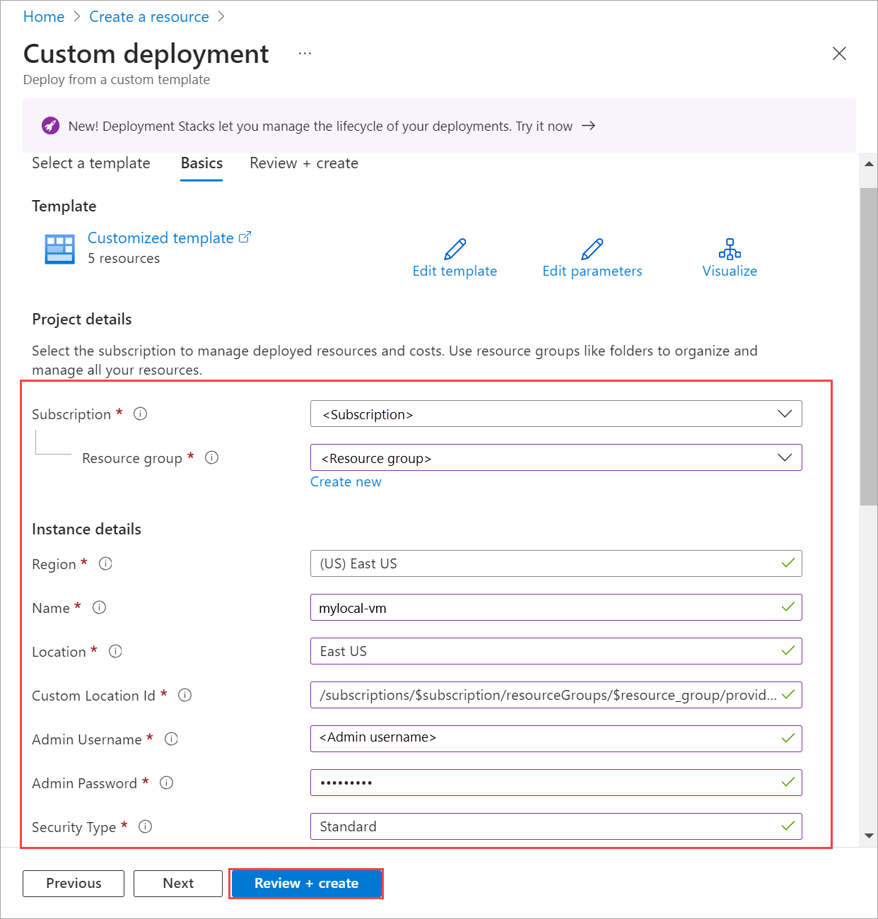 Azure 门户中模板的已填充“基本信息”选项卡的屏幕截图。