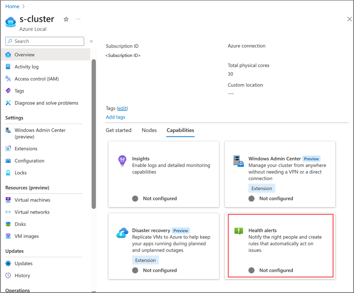 Azure Local 系统资源页面的屏幕截图,其中选择了群集和“运行状况警报”磁贴。