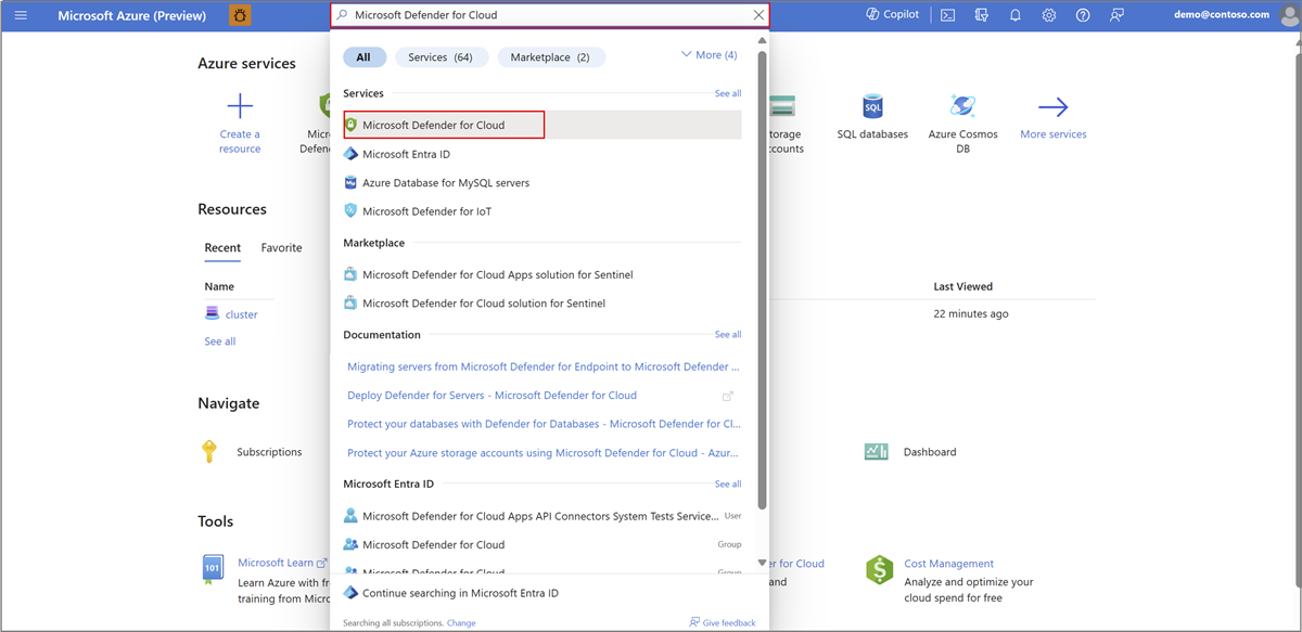 显示如何在 Azure 门户中搜索 Defender for Cloud 的屏幕截图。