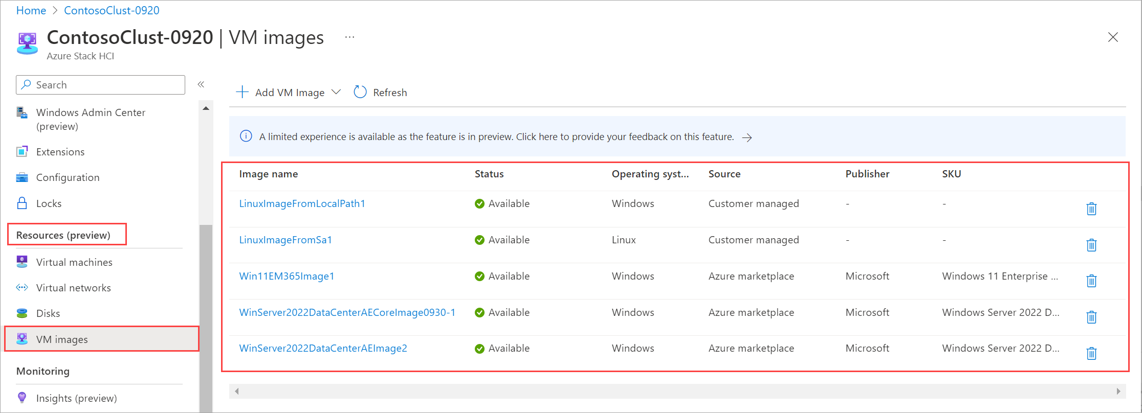 显示您的 Azure 本地 VM 映像列表的屏幕截图。