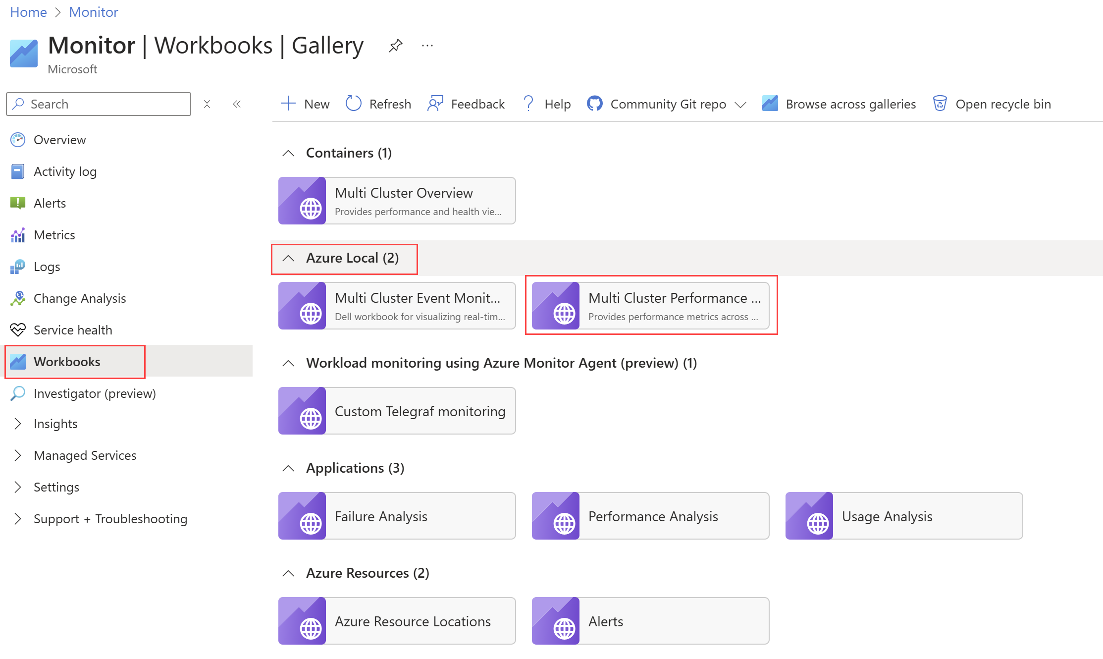 通过 Azure Monitor 访问的工作簿库的屏幕截图。