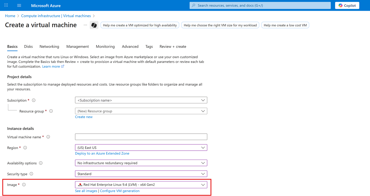 Azure 门户图像选择页的屏幕截图。