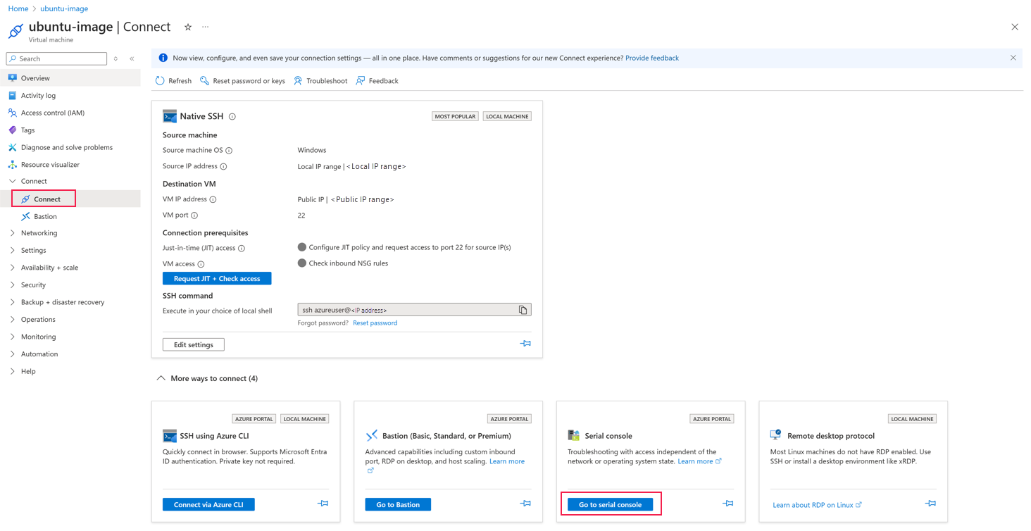 Azure 门户中串行控制台登录选项的屏幕截图。