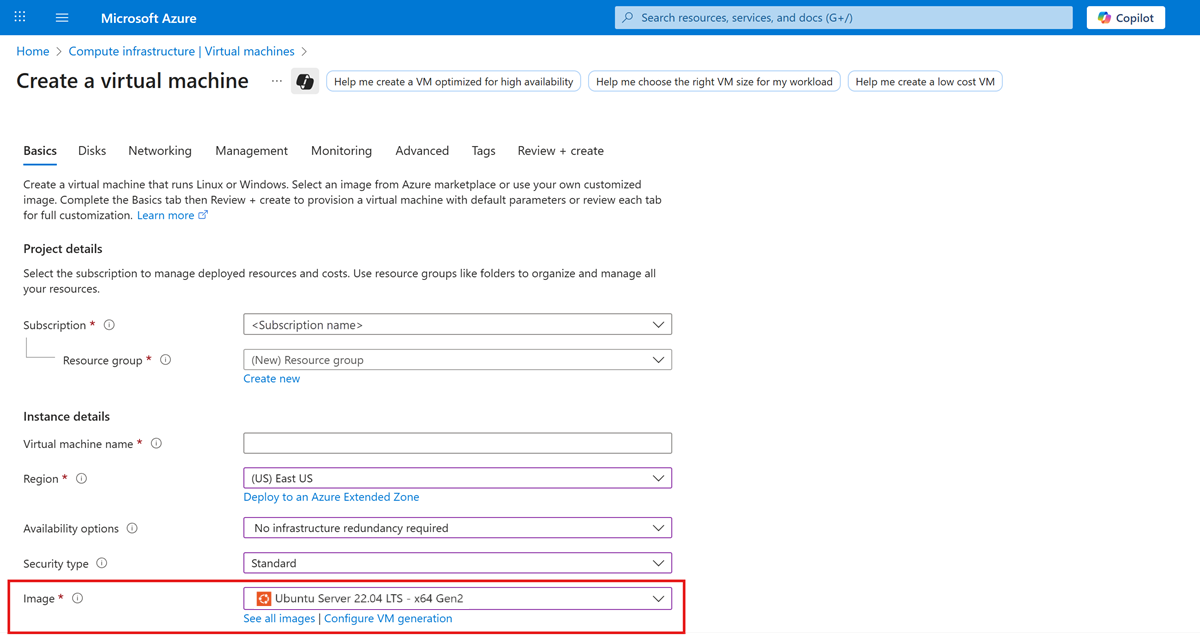 Azure 门户图像选择页的屏幕截图。