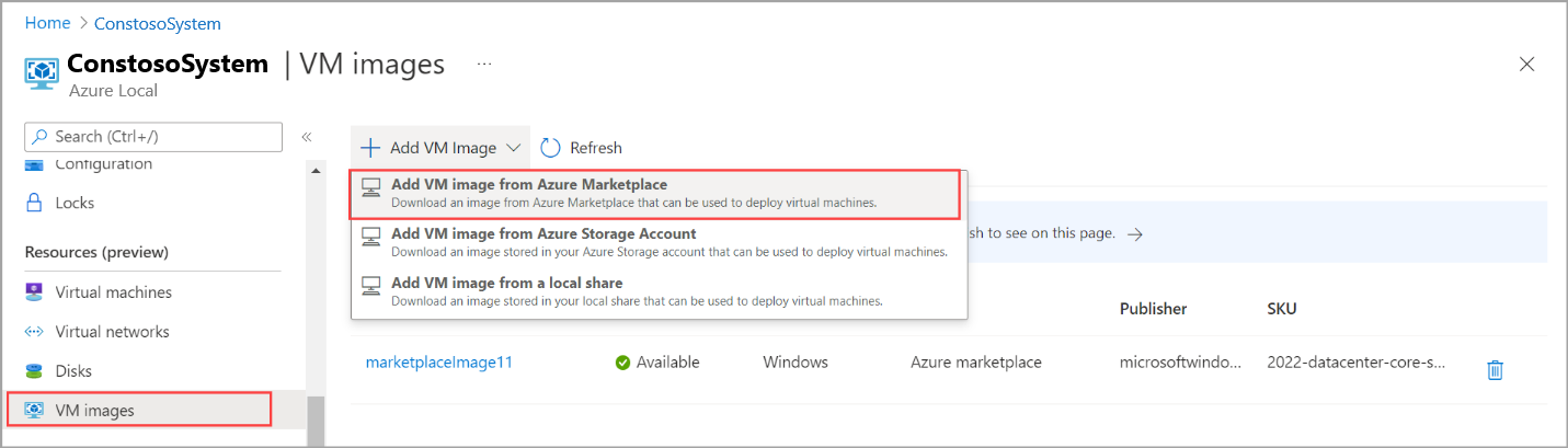 显示“从 Azure 市场添加 VM 映像”选项的屏幕截图。