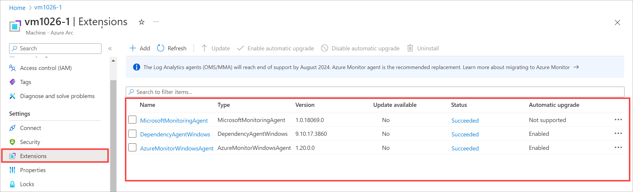 显示所选 Azure 本地 VM 的已安装扩展列表的屏幕截图。