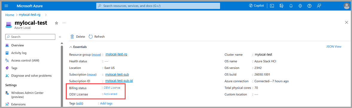 具有 Azure 本地活动 OEM 许可证的实例的屏幕截图。