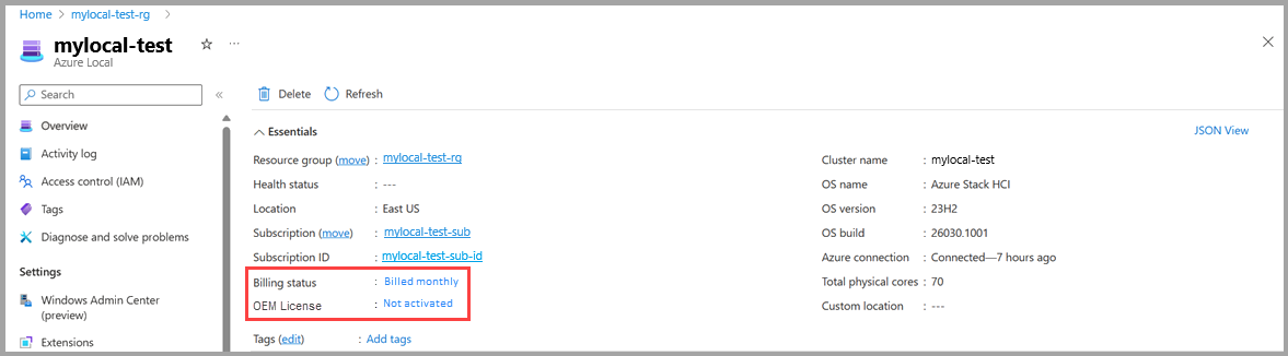 按月计算的计费实例的屏幕截图,其中没有 Azure Local 的活动 OEM 许可证。