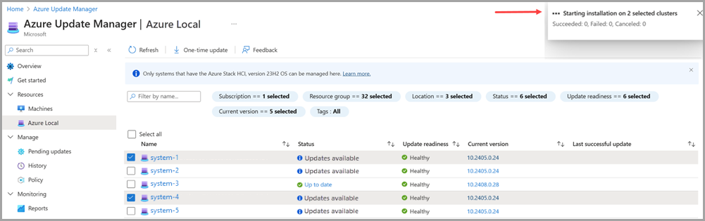 在 Azure 更新管理器中安装系统更新时通知图标的屏幕截图。