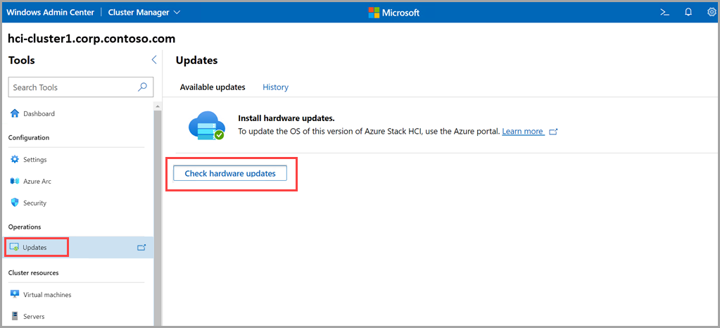 在 Windows Admin Center 中安装硬件更新的屏幕截图。