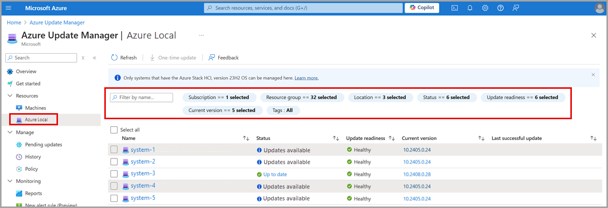 Azure 更新管理器的屏幕截图,其中显示了已准备好更新的 Azure 本地系统。